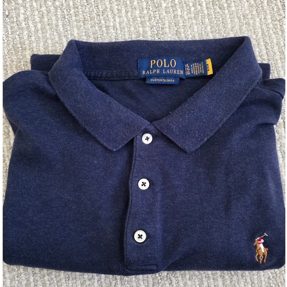 Polo Ralph Lauren Mens XL Custom Slim Fit Navy Blue Heather Polo Shirt Short Slv